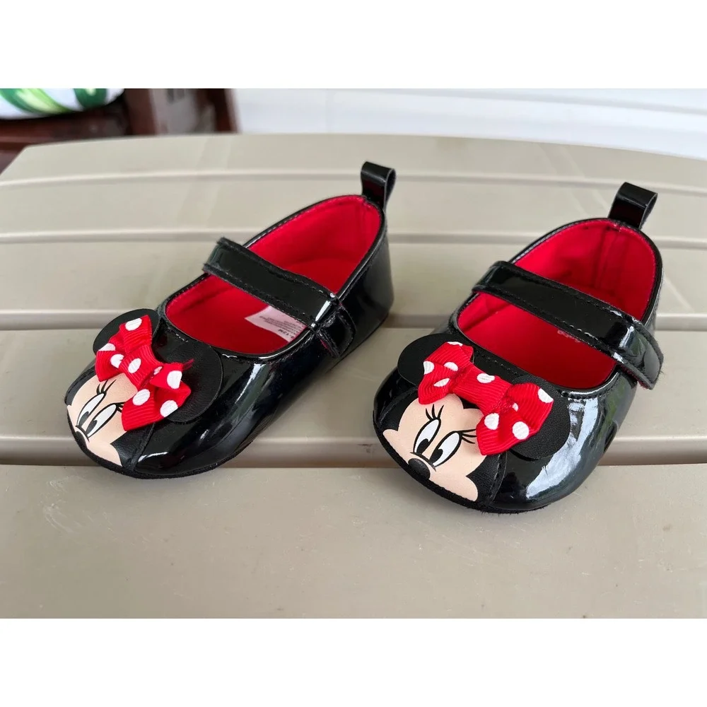 Disney Baby Minnie Mouse‎ Mary Jane Black Patent Crib Shoes Red Polka Dot 6-12M